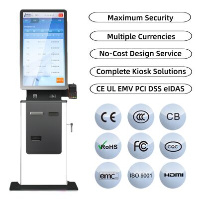 27 32 Inch Self Service Touch Screen Hotel Check in Kiosk Passport Scanner Card Dispenser A4 Ticket Printing Cash Payment Kiosk