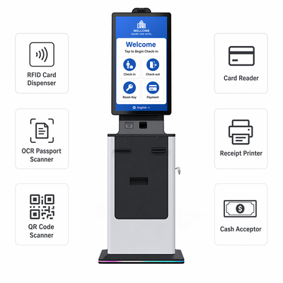 Hotel Ospedale Check in Kiosk Self Service Dispenser di carte touch screen Dispenser di passaporto Scanner Stampa biglietti Acceptore di cassa Kiosk di pagamento